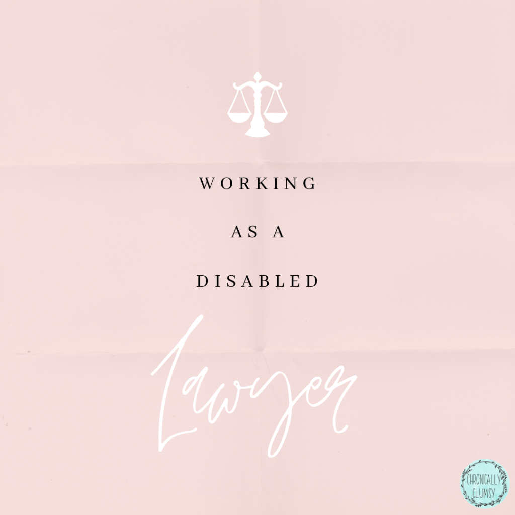 Pink creased paper bac​kground with  a set of judicial scales in white, and the text “working as a disabled lawyer” in white 